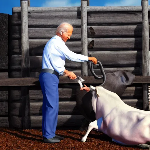 Image similar to president biden milking a cow, ultra realistic, 8 k, ultra details, highly detailed face, sharp focus