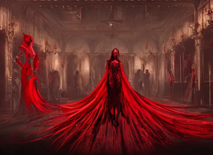 Image similar to the red death enters the ballroom, trending on artstation, elegant, dramatic, ornate, beautiful