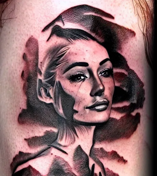 Image similar to realism tattoo sketch of a isabelledeltore face double exposure mountain scenery, in the style of matteo pasqualin, amazing detail, sharp, faded