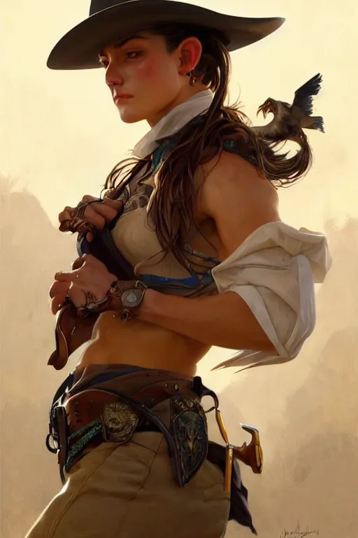 Image similar to photorealistic portrait of a young butch cowgirl woman, handsome, female, masculine, upper body, fantasy, fierce, sharp features, intricate, elegant, highly detailed, digital painting, artstation, concept art, matte, sharp focus, illustration, art by artgerm and greg rutkowski and alphonse mucha