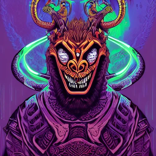 Image similar to barong family member, wiwek, mara demon, one single tribe member, jungle, one single mask, dark, ancient warrior, snake, lizard, alien, predator, dragon, devil, satan, diablo, tribal, exorcist, priest, angel, god, inner glow, art by dan mumford and justin gerard