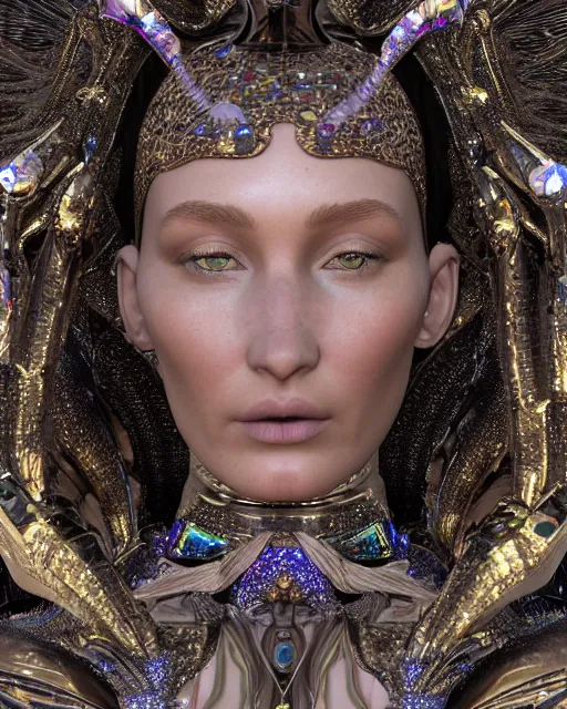 Image similar to a highly detailed metahuman 4 k close up render of an alien goddess bella hadid monument in iris van herpen armor schiaparelli in diamonds crystals swarovski and jewelry iridescent in style of alphonse mucha gustav klimt trending on artstation made in unreal engine 4