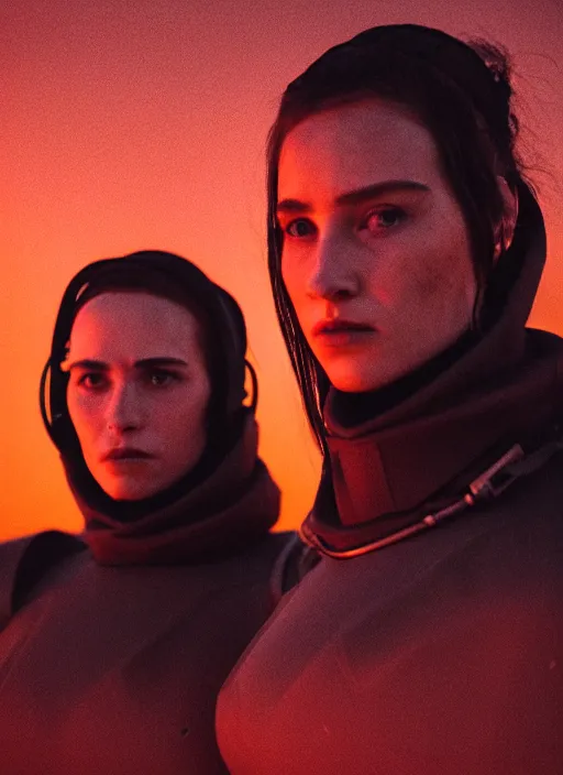 Image similar to cinestill 5 0 d photographic portrait of two loving ostentatious female androids wearing rugged black techwear on a desolate plain with a red sky, extreme closeup, cyberpunk style, garters, dust storm, 8 k, hd, high resolution, 3 5 mm, f / 3 2, ultra realistic faces, ex machina