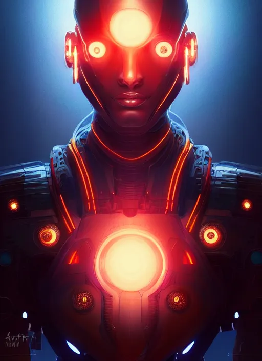 Image similar to symmetry!! portrait of cyborg samurai, sci - fi, tech wear, glowing lights!! intricate, elegant, highly detailed, digital painting, artstation, concept art, smooth, sharp focus, illustration, art by artgerm and greg rutkowski and alphonse mucha