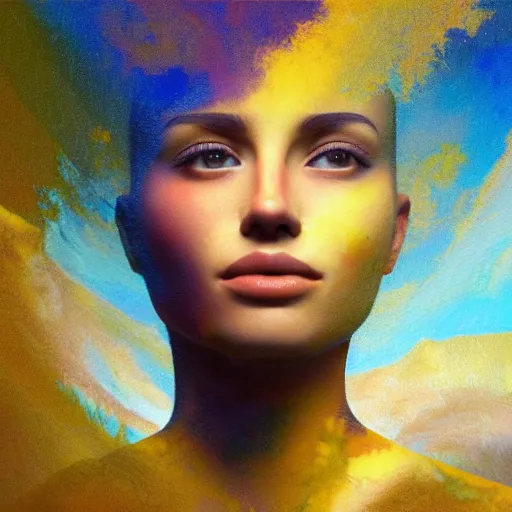 Prompt: beautiful girl face mixed in golden kimono, cinematic light, fresco by michealangelo, wasili kandinsky, peblo pocasso, epic, dramatic, liquid oil painting, acrylic, unreal engine, 3 d render, hypperrealistic, 7 0 mm photography, kodak xtra 4 0 0, electrons flying in the sky,