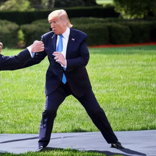Image similar to donald trump karate chopping joe biden in the face on the white house lawn, detailed