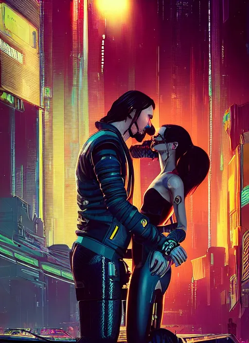 Image similar to a cyberpunk 2077 couple portrait of Keanu Reeves & female android final kiss in the night city,love,by Laurie Greasley,Lawrence Alma-Tadema,Dan Mumford,artstation,deviantart,FAN ART,Digital painting,face enhance,highly detailed,8K,octane,golden ratio,cinematic lighting