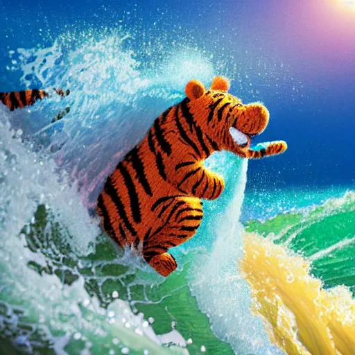 Image similar to a closeup photorealistic photograph of a happy knitted tiger hippopotamus riding a large wave during sunset. surf in the background. professional capture. brightly lit scene. this 4 k hd image is trending on artstation, featured on behance, well - rendered, extra crisp, features intricate detail, epic composition and the style of unreal engine.