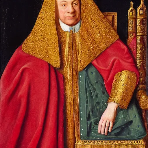 Image similar to A painting of Benjamin Netanyahu sitting in a golden chair wearing a red furred cape and a crown holding a royal ornate rod by Jan Van Eyck