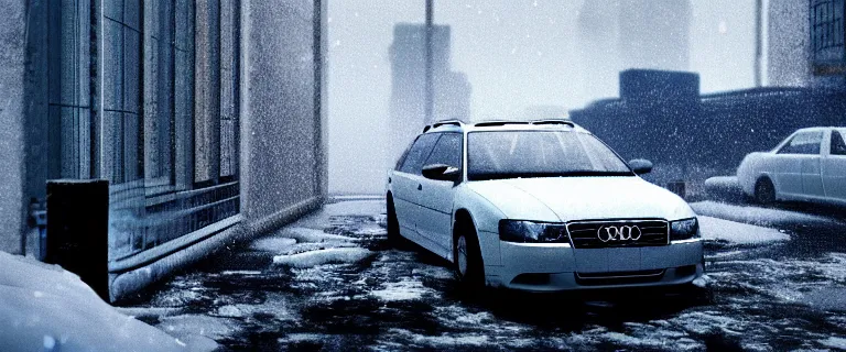 Image similar to Audi A4 B6 Avant (2002), a gritty neo-noir, dramatic lighting, cinematic, eerie person, death, homicide, homicide in the snow, viscera splattered, gunshots, bullet holes, establishing shot, extremely high detail, cracked windows, photorealistic, arson, makeshift grave, cinematic lighting, artstation, by simon stalenhag, Max Payne (PC) (2001) winter New York at night, In the style of Max Payne 1 graphic novel, flashing lights, Poets of the Fall - Late Goodbye