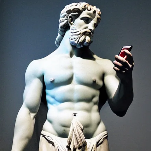 Image similar to Ancient Greek statue of Zeus looking angrily at his iPhone