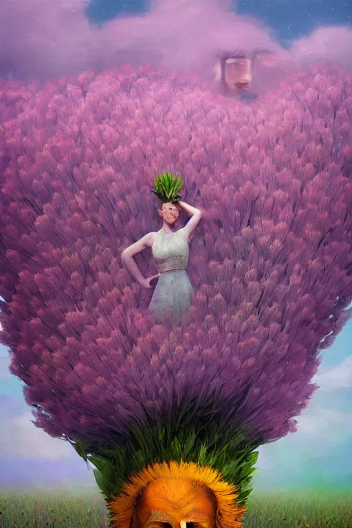 Prompt: closeup, giant flower head and mohawk, woman in heather field, surreal photography, starlight, storm clouds, impressionist painting, digital painting, artstation, simon stalenhag