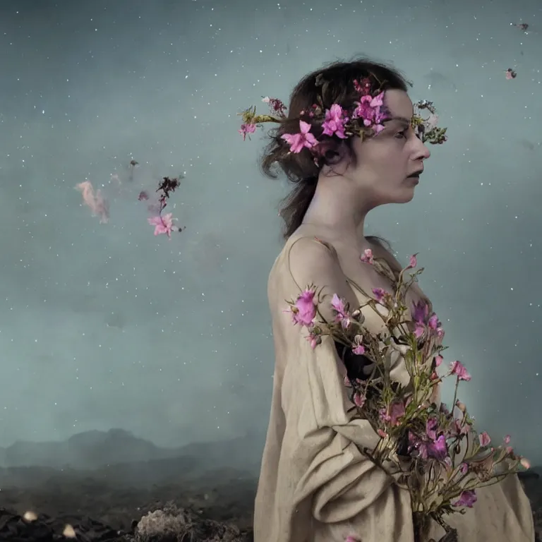 Image similar to The full body shot of delicate renaissance beautiful pale woman with many flowers and full-face black mask with glowing halo, a thick black smoke in rocky desert landscape, glowing eyes, falling star on the background, burning earth by Christopher Doyle, Gaspar Noe, Tarkovsky, Alejandro Jodorowsky, anamorphic lens, volumetric lighting, global illumination, physically based rendering, photorealistic, top light, cinematic composition, award winning photo, 8k