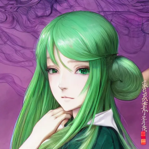 Prompt: adult girl with long light green hair, light green eyes, a small pigtail on the left side, chinese dress, chinese style, anime style, hyper detailed, light green dress, illustration, digital painting, art by artgerm and greg rutkowski and alphonse mucha, high delicate defined details, anime stylized, highly detailed, realistic, sharp focus