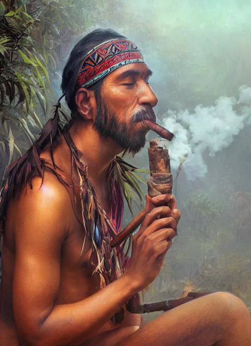 Image similar to a beautiful portrait of an indigenous man sitting in the jungle, surrounded by smoke, smoking a pipe, praying with tobacco, mysterious atmosphere, fantasy art, matte painting, highly detailed