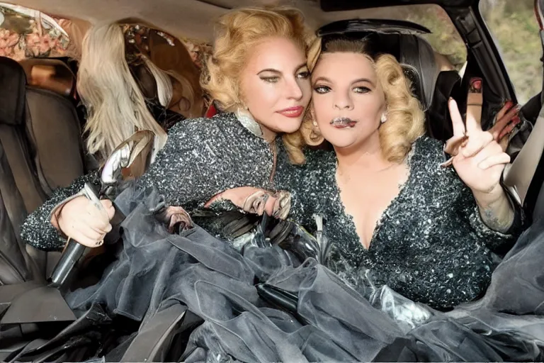 Image similar to lady gaga and judy garland doing carpool karaoke, lady gaga and judy garland, carpool karaoke, lady gaga, judy garland, carpool karaoke, youtube video screenshot, the late late show with james corden