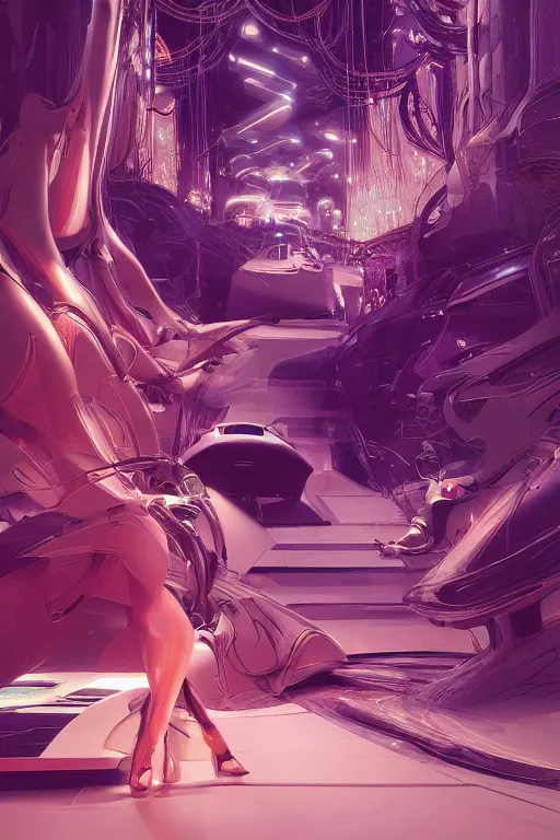 Image similar to the most amazing dream you ever had about beautiful woman transhumanism artificial intelligence singularity, hyper realistic, concept art, intricate, hyper detailed, smooth, syd mead, high contrast, neon, volumetric lighting, octane, raytrace, moebius