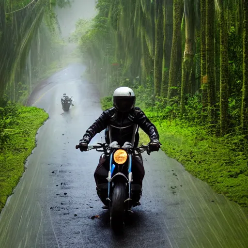 Image similar to potato riding a motorcycle through the jungle off - road low angle with rain and lightning