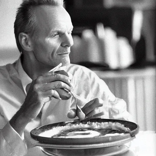 Image similar to sting the singer eating a banana creme brule ( dont ask )