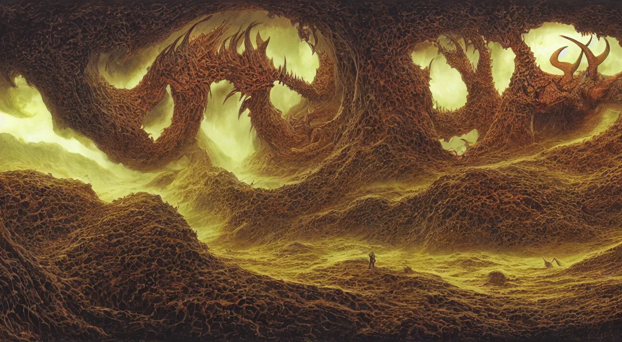 Prompt: a beautiful detailed portrait of satan with long horns. huge razor claws and fiery vortex eyes in a vast cosmic hellscape by roger dean, by laurie lipton, detailed, realistic shadows, volumetric lighting, mythical, rendered in redshift, matte painting
