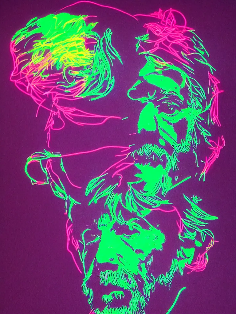 Image similar to portrait of alan watts, illustrated with neon color on black paper