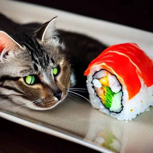 Prompt: cat sushi chef in a Japanese restaurant, close up photo