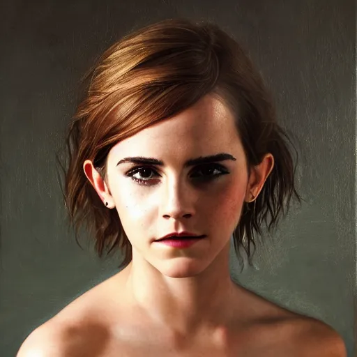 Image similar to Emma Watson in a nymph costume striking a pose, naturist, portrait photography oil on canvas, intricate, portrait, 8k highly professionally detailed, HDR, CGsociety