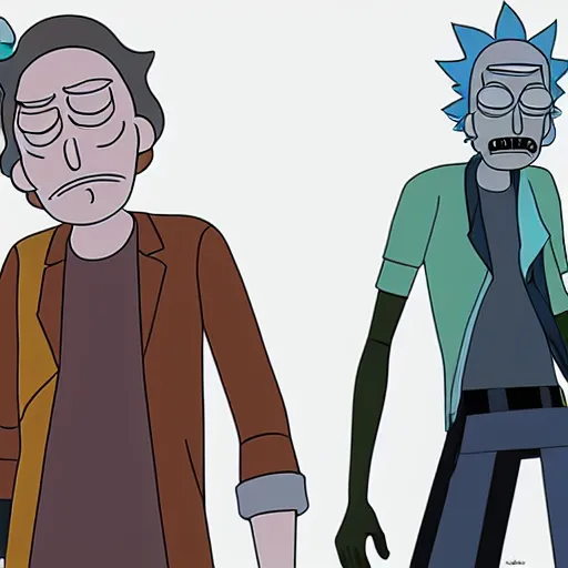 Prompt: rick and morty as humans, realistic, digital art, cinema 4 d, photorealistic