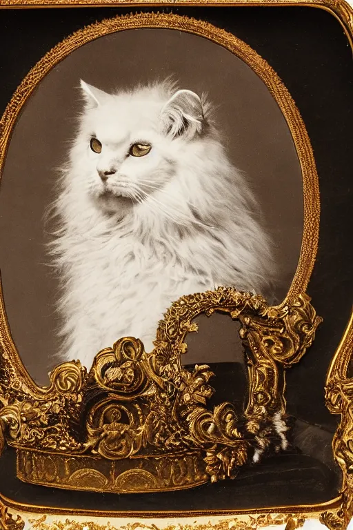 Image similar to a ambrotype portrait of a royal cat, outrageously fluffy, on an embroidered velvet cushion on a neo - rococo gilded little bed, photorealistic, photography, wide shot