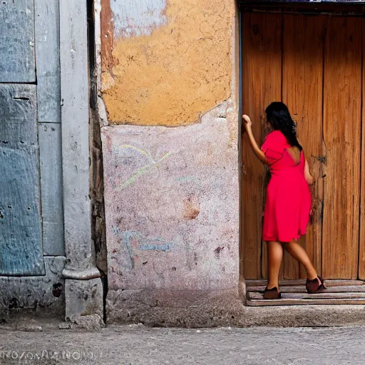 Image similar to A photograph of a Colombian woman in a peach dress, walking away from camera, down a narrow sandstone alley with rough-hewn sandstone building either side, and a varnished wooden door on the right. Ahead is a lantern, attached to the right wall. Late afternoon on a sunny day. 4K 50mm f/1.4