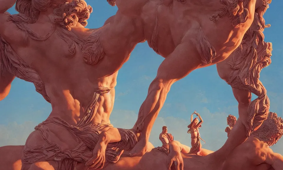 Prompt: digital painting of people revering at the base of a greek sculpture a beautiful massive female statue surrounded by dreamy coral, sunset in the desert, syd mead, moebius, concept art, savage, golden ratio