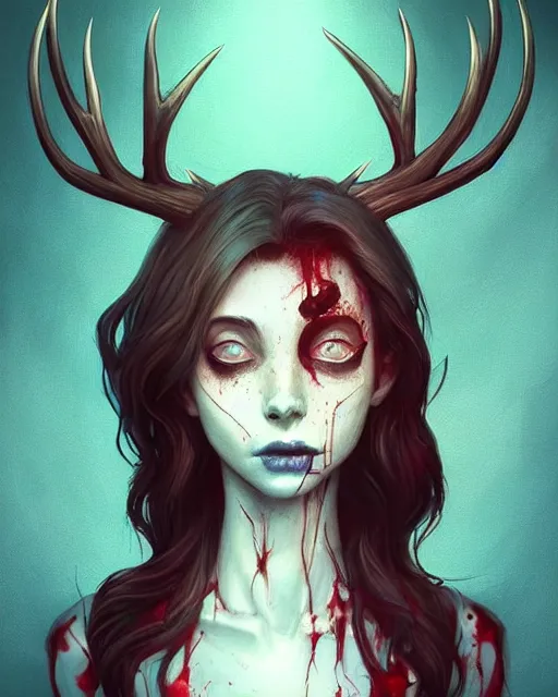 Image similar to a portrait of a beautiful full body Kacey Rohl Wendigo, antlers, spooky, skeletal face, blood, art by lois van baarle and loish and ross tran and rossdraws and sam yang and samdoesarts and artgerm, digital art, highly detailed, intricate, sharp focus, Trending on Artstation HQ, deviantart, unreal engine 5, 4K UHD image