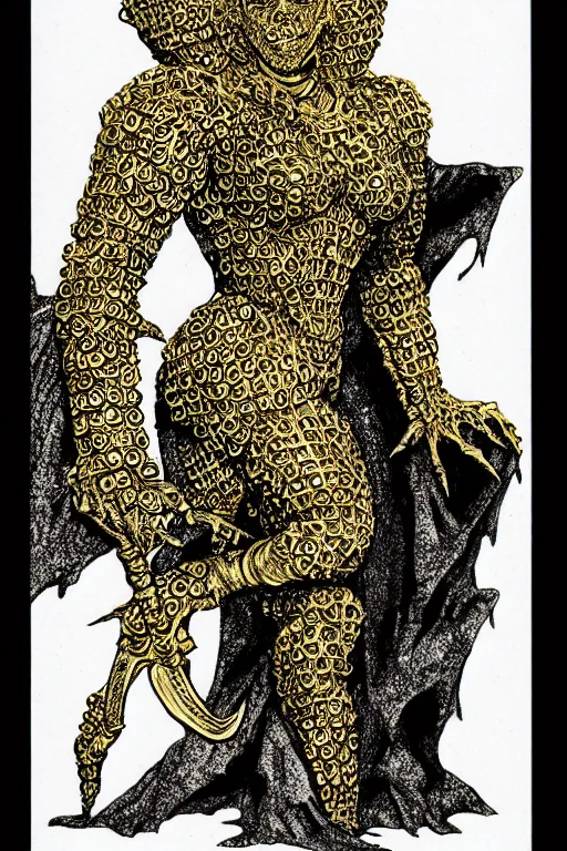 Prompt: beyonce, gold golem, as a d & d monster, full body, pen - and - ink illustration, etching, by russ nicholson, david a trampier, larry elmore, 1 9 8 1, hq scan, intricate details, inside stylized border