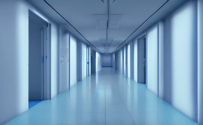 Image similar to an hallway in hospital with soft blue lights in the roof, octane render, artstation trending, highly detailded