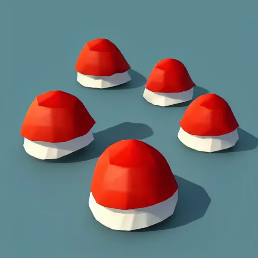 Image similar to Matte 3d low poly icon of a red mushroom, lat lighting, isometric perspective on pure white background, soft shadows, 3d render,