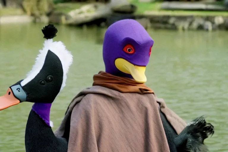 Image similar to duck wearing purple hat and cape and zoro mask by Roger Deakins