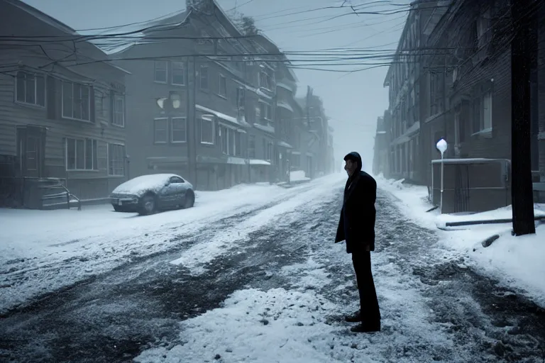 Image similar to Mysterious man standing in the middle of a snowy street photo by Gregory Crewdson,