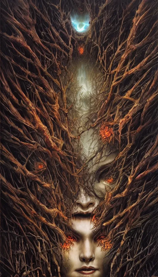 Image similar to a storm vortex made of many demonic eyes and teeth over a forest, by karol bak