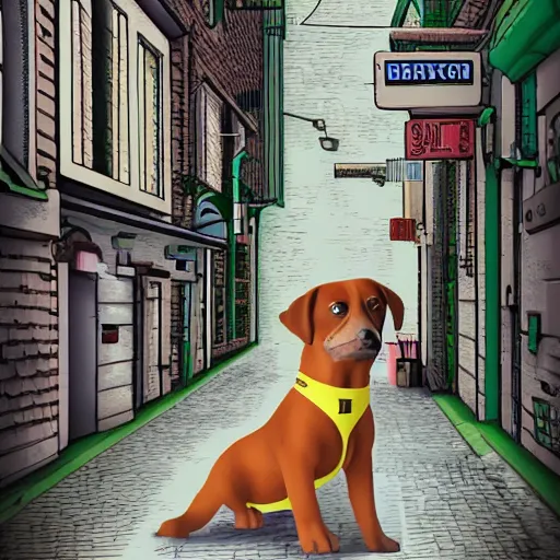 Image similar to isometric digital art, ultra realistic, puppy with a jetpack in a city alleyway, cinematic