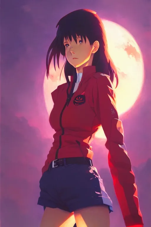 Image similar to a ultradetailed beautiful painting of misato from evangelion, by greg rutkowski and makoto shinkai trending on artstation