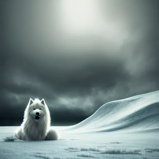 Image similar to giant sleeping ( ( samoyed ) ) creature creature in a tundra landscape, dramatic lighting, moody : : by michal karcz, daniel merriam, victo ngai and guillermo del toro : : ornate, dynamic, particulate, intricate, elegant, highly detailed, centered, artstation, smooth, sharp focus, octane render, 3 d