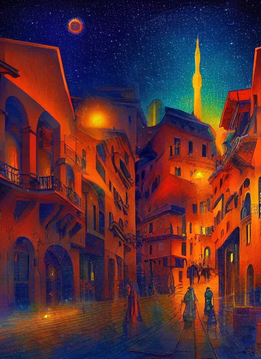 Image similar to ethereal starlit city of magic lost in time at sunset, italian futurism, da vinci, hd, digital painting