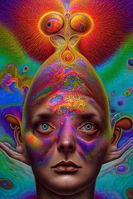 Image similar to hyperrealistic abstract close-up Renaissance psychedelic!! celestial happy! pure creature!! peaceful! kind spirit of nature! beautiful fractal!! eyes! highly detailed concept art eric zener elson peter cinematic hard rainbow lighting high angle hd 8k sharp shallow depth of field endless, inspired by Zdzisław Beksiński Salvador Dali