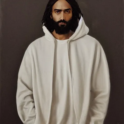 Prompt: a full body portrait of modern day jesus wearing cream jerry lorenzo fear of god menswear collection by nicola samori, hat and hoodie, detailed, oil painting, hyper realistic, 8 k, yeezy collection