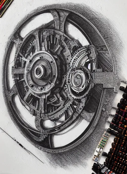 Prompt: A large mechanical gear, by artgerm, mixed media on toned paper, 2021, very detailed, coffee art