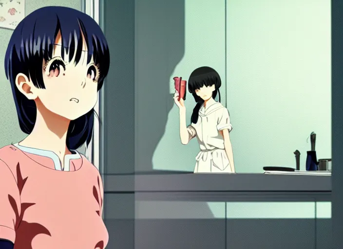 Image similar to anime film visual, full body illustration from across the room a young woman looking in a kitchen cabinet from a distance, cute face by ilya kuvshinov, yoshinari yoh, makoto shinkai, katsura masakazu, dynamic perspective pose, detailed facial features, kyoani, rounded eyes, crisp and sharp, cel shad, anime poster, ambient light,