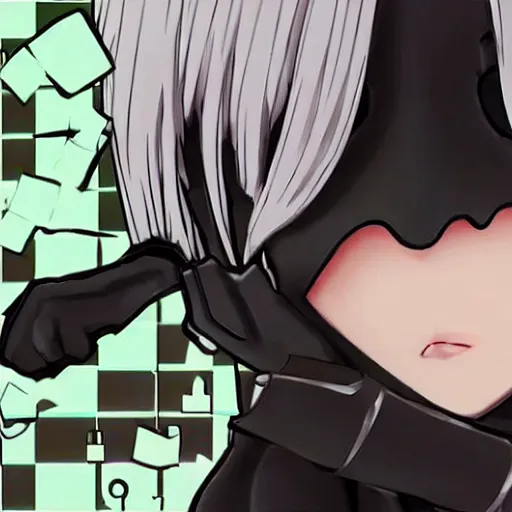 Image similar to 2B from nier automata eating a chess burger, anime style.