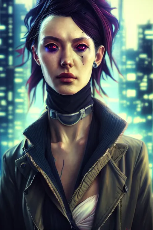 Prompt: hyperdetailed close portrait of a european woman in a worn out suit in a cyberpunk city inspired by ross tran and wlop and masamune shirow and kuvshinov, concept art, intricate, photorealistic, octane render, rtx, hdr, unreal engine, dnd digital art by artgerm