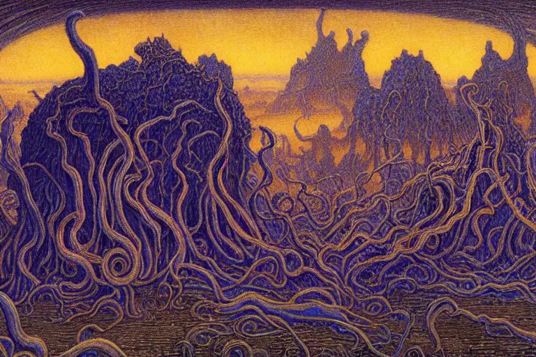 Image similar to lovecraftian landscape, another world by Jean Delville