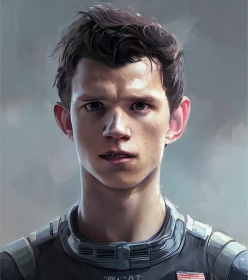 Prompt: portrait of tom holland by greg rutkowski, he is about 3 0 years old, short black hair with bangs, scared and incredulous, very tall and slender, he is wearing futuristic space gear, highly detailed portrait, digital painting, artstation, concept art, smooth, sharp foccus ilustration, artstation hq